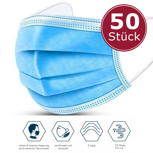 50x Atemschutzmasken medizinischer Mundschutz Typ IIR OP Maske